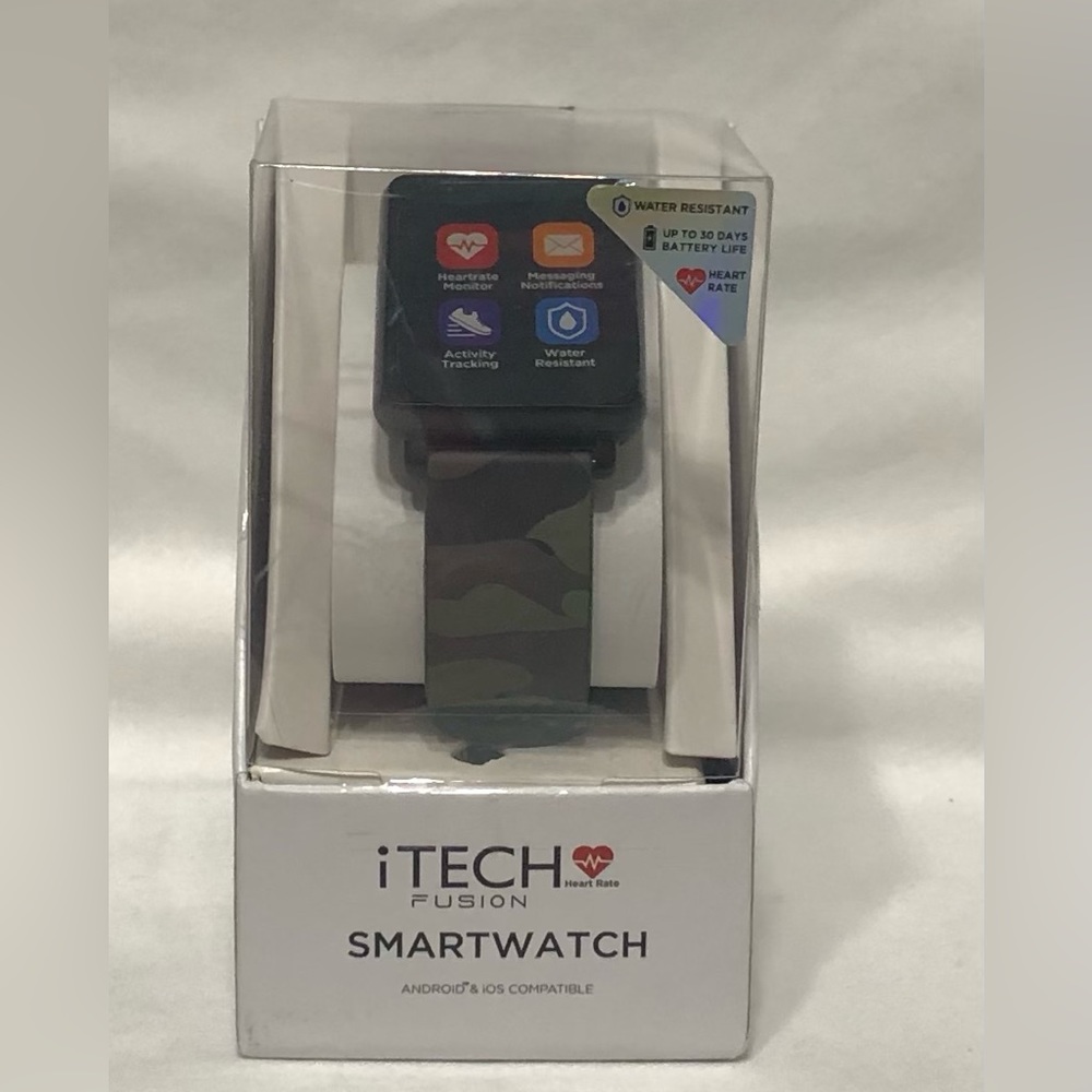 Itech fusion sport smart square watch w/charging cable included.green camo.